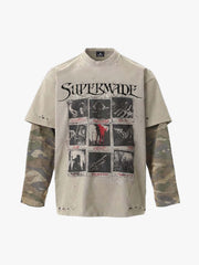 Jersey Distressed Camouflage Double Layered Graphic T-Shirt