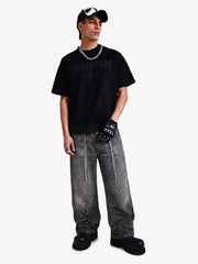 Denim Distressed Belt Diamond Decorated Jeans