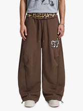 Retro Double-Waist Leopard Patch Barrel Pants