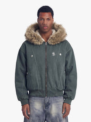 Faux Fur Lined Zip Up Winter Hooded Bomber Jacket