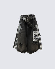 Distressed Gothic Graphic Denim Shorts( Belt included )