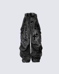 Dark Graffiti Patchwork Cargo Jeans(Free Belt and Chain Included)