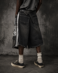 Distressed Gothic Graphic Denim Shorts( Belt included )