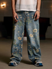 Denim Floral Print Carpenter Jeans