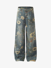 Denim Floral Print Carpenter Jeans