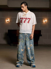 Denim Floral Print Carpenter Jeans