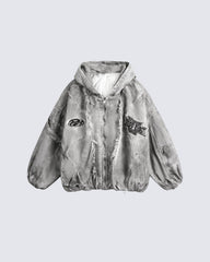 Distressed Embroidered Padded Hooded Jacket