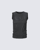 Dark Washed Distressed Sleeveless Ribbed Tank Top