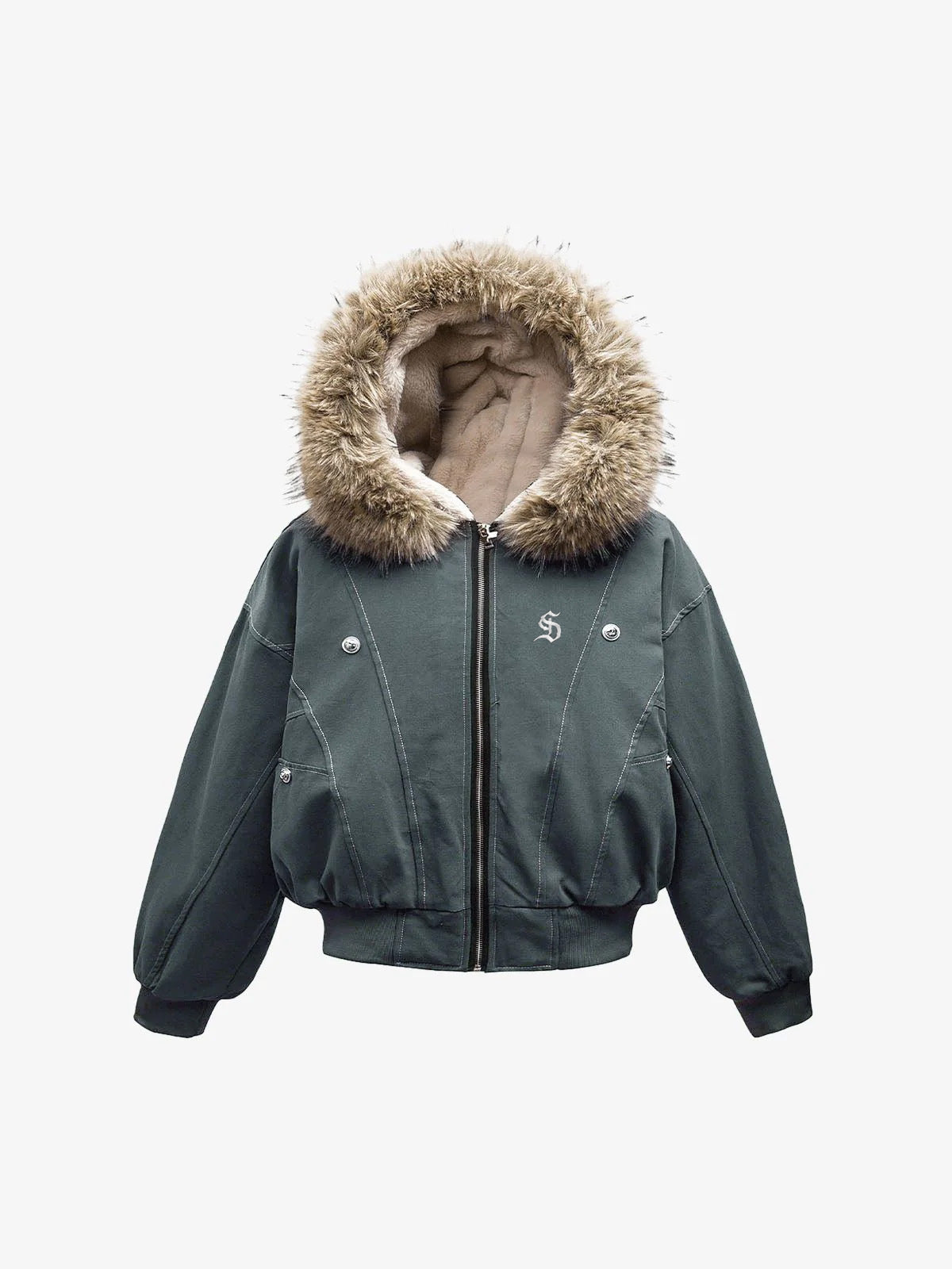 Faux Fur Lined Zip Up Winter Hooded Bomber Jacket