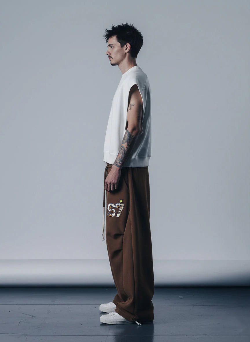 Retro Double-Waist Leopard Patch Barrel Pants