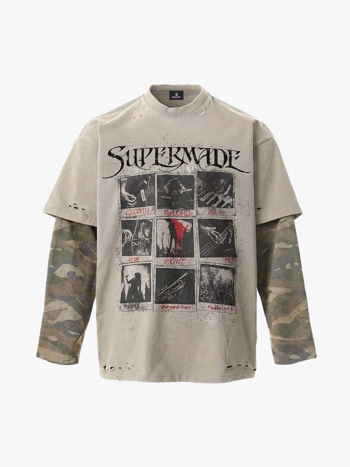 Jersey Distressed Camouflage Double Layered Graphic T-Shirt