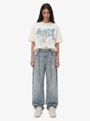 Denim Distressed Belt Diamond Decorated Jeans