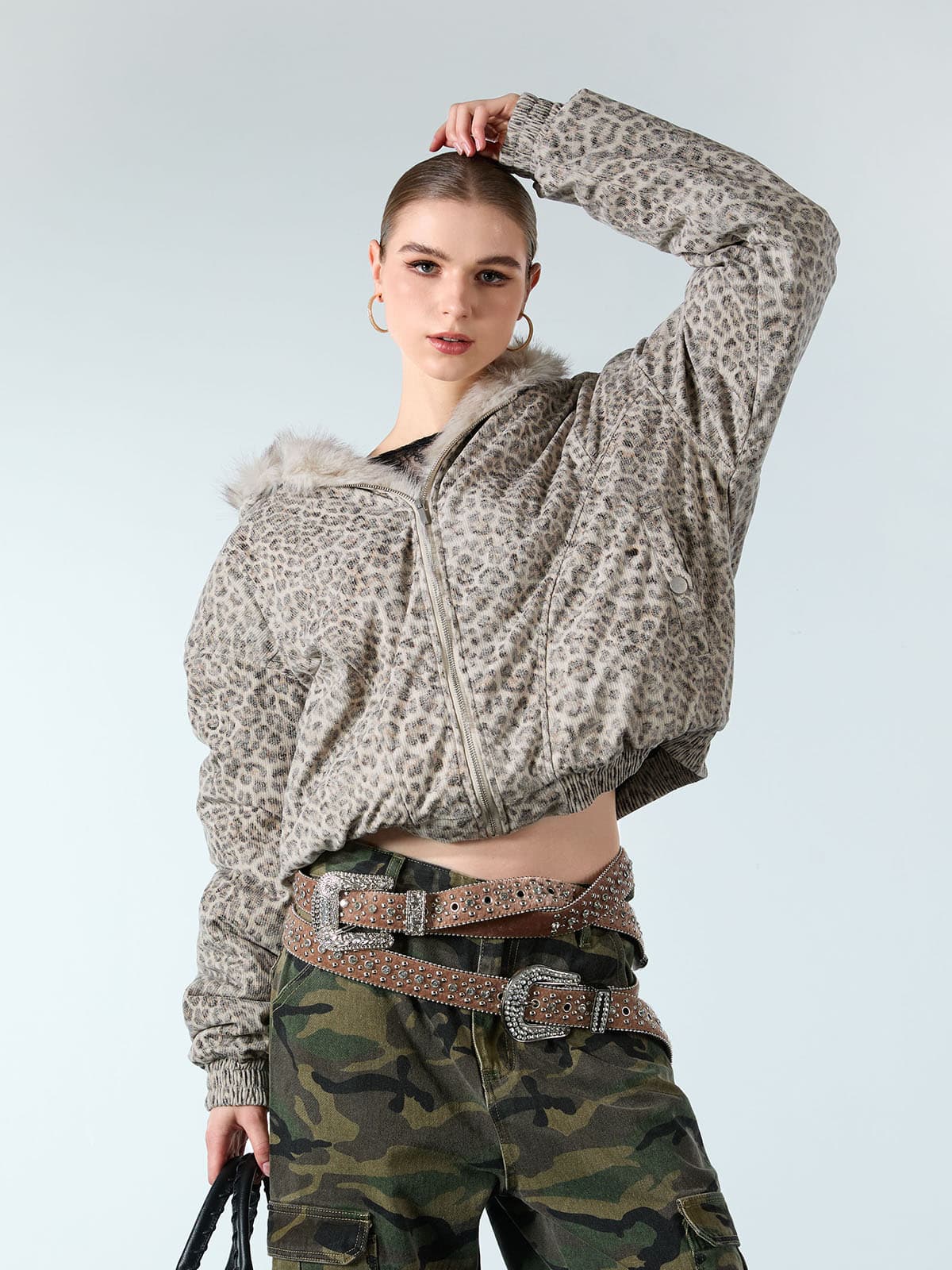 Cotton Cheetah Print Mink Fur Hooded Jacket