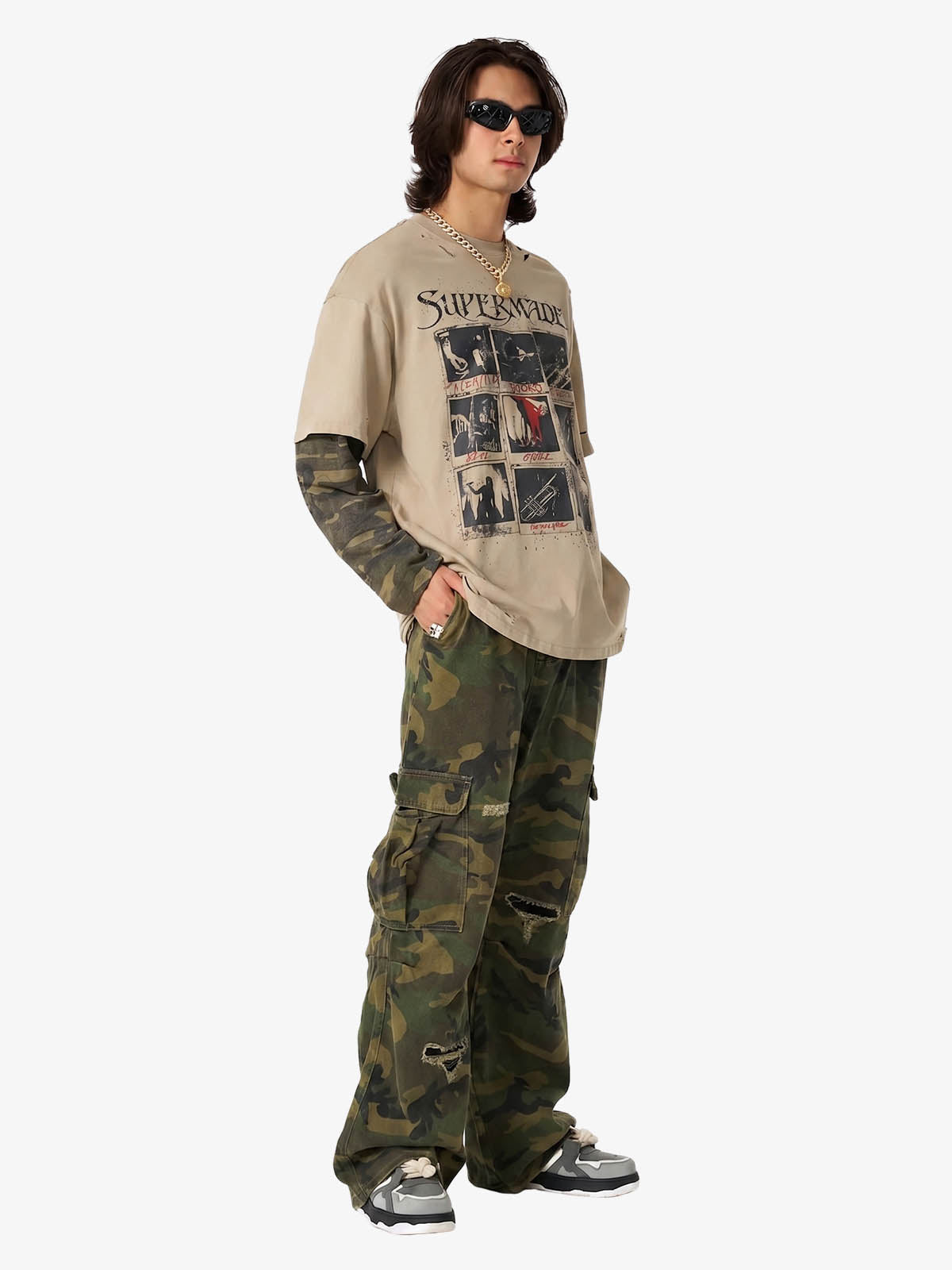 Jersey Distressed Camouflage Double Layered Graphic T-Shirt