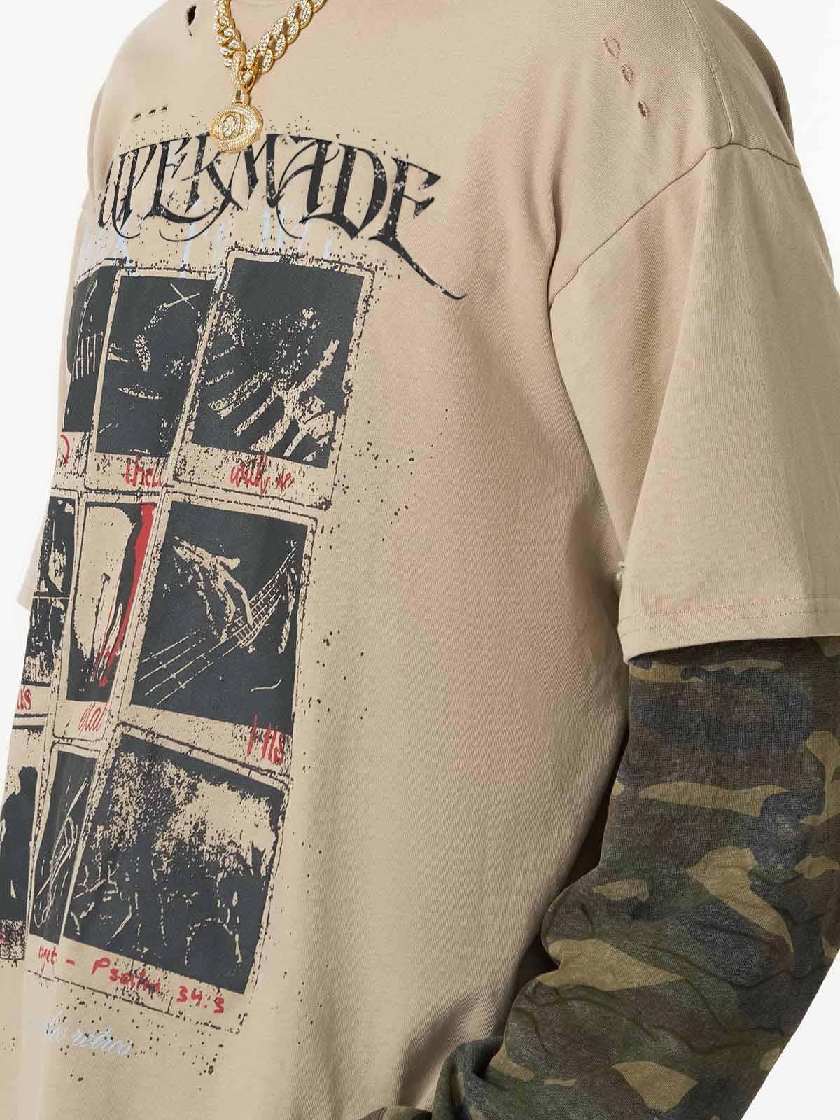 Jersey Distressed Camouflage Double Layered Graphic T-Shirt