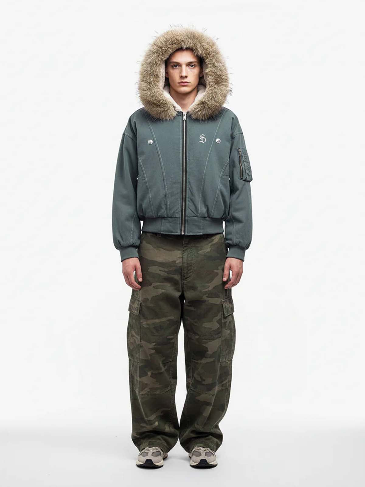 Faux Fur Lined Zip Up Winter Hooded Bomber Jacket