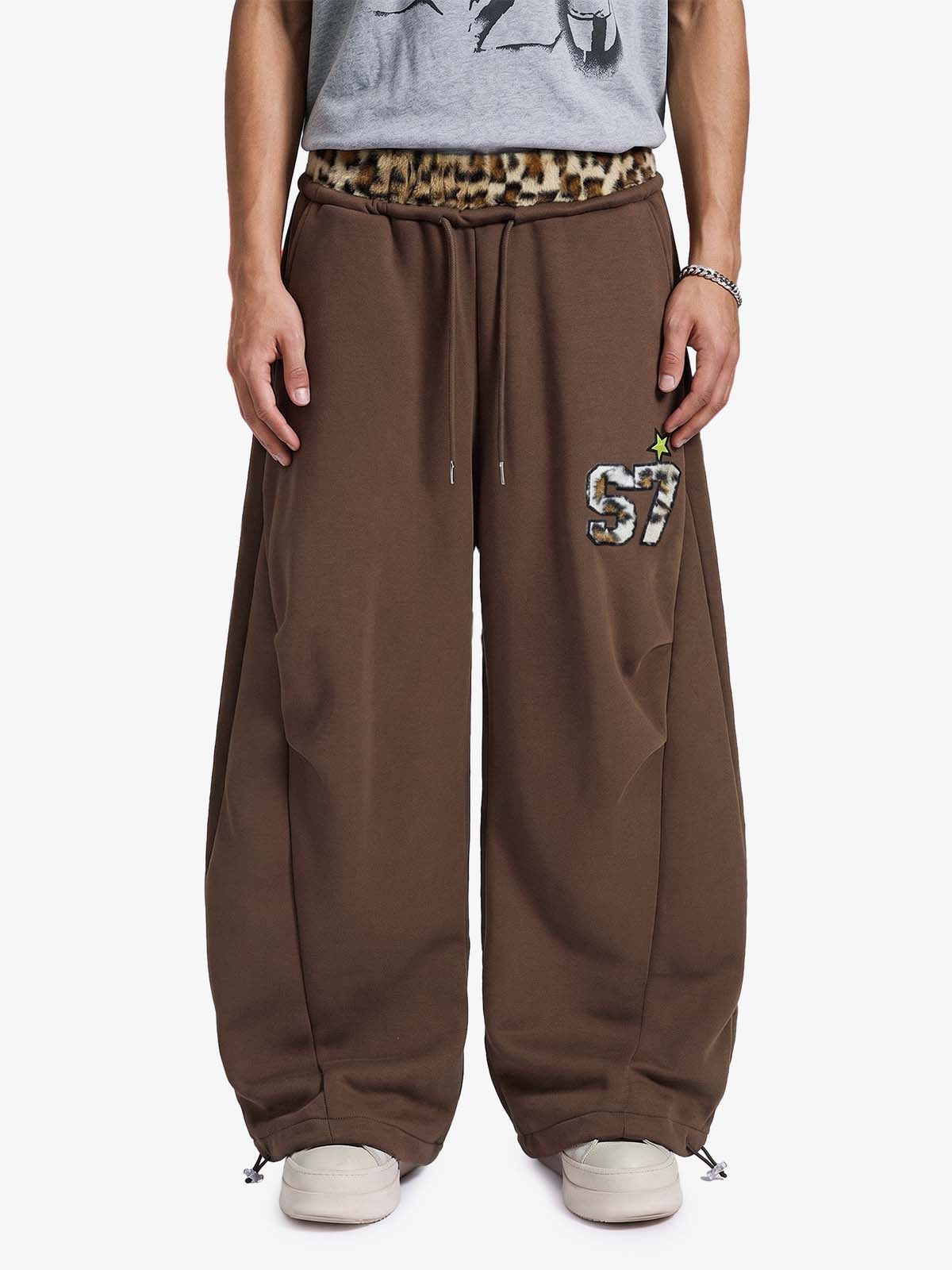 Retro Double-Waist Leopard Patch Barrel Pants