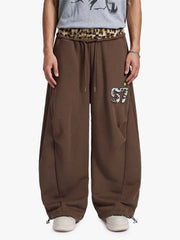 Retro Double-Waist Leopard Patch Barrel Pants