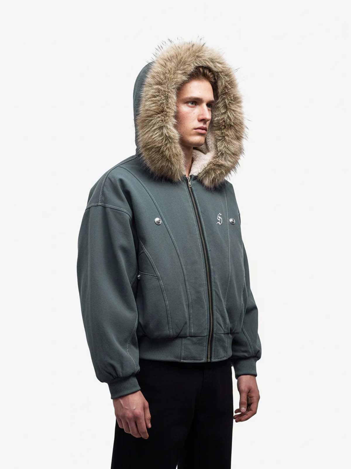 Faux Fur Lined Zip Up Winter Hooded Bomber Jacket