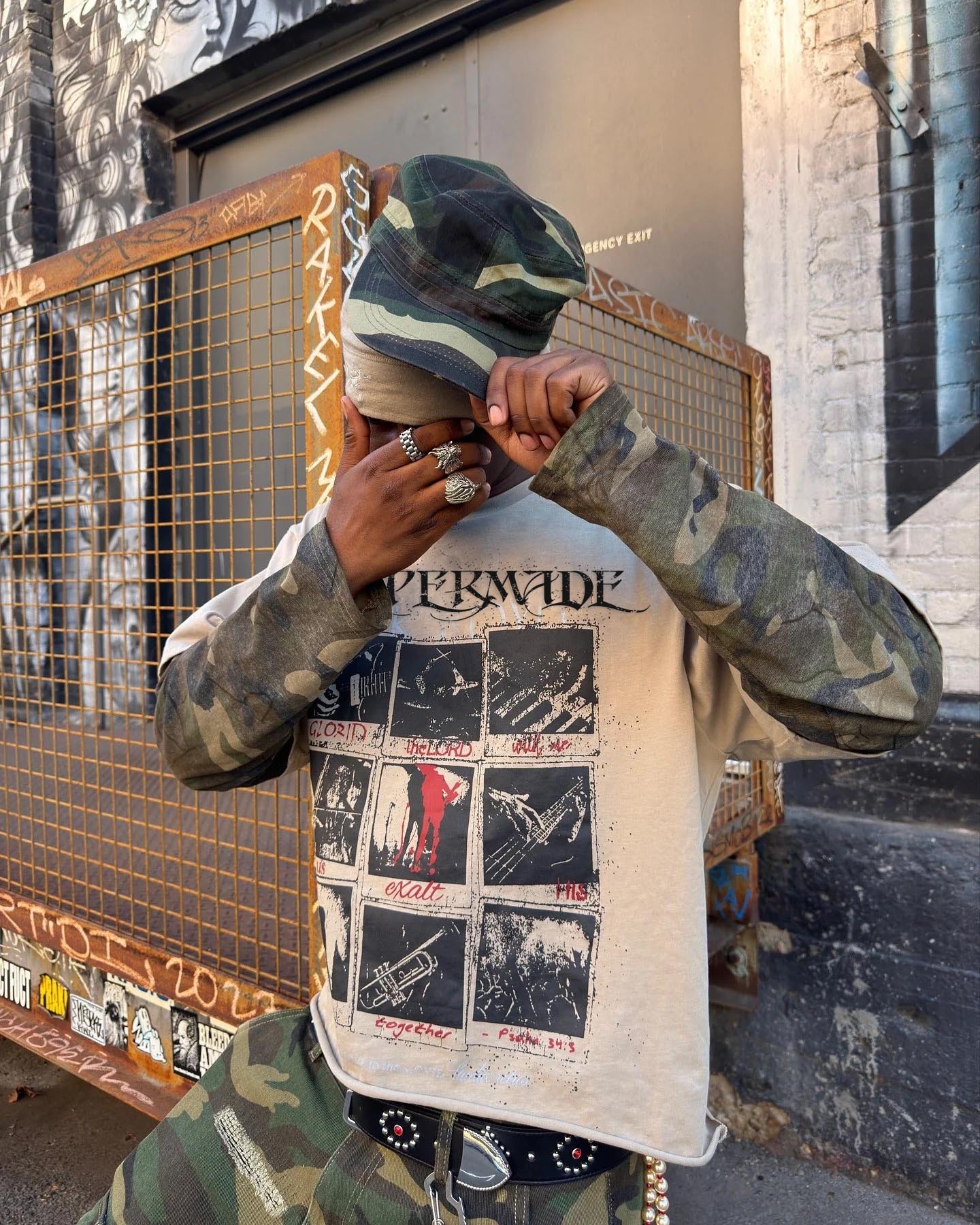 Jersey Distressed Camouflage Double Layered Graphic T-Shirt