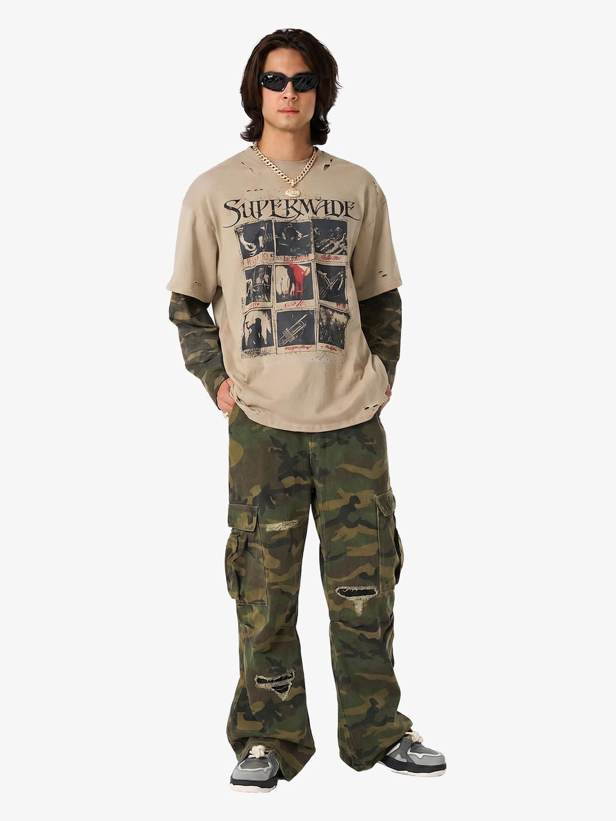 Jersey Distressed Camouflage Double Layered Graphic T-Shirt