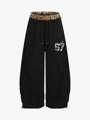 Retro Double-Waist Leopard Patch Barrel Pants