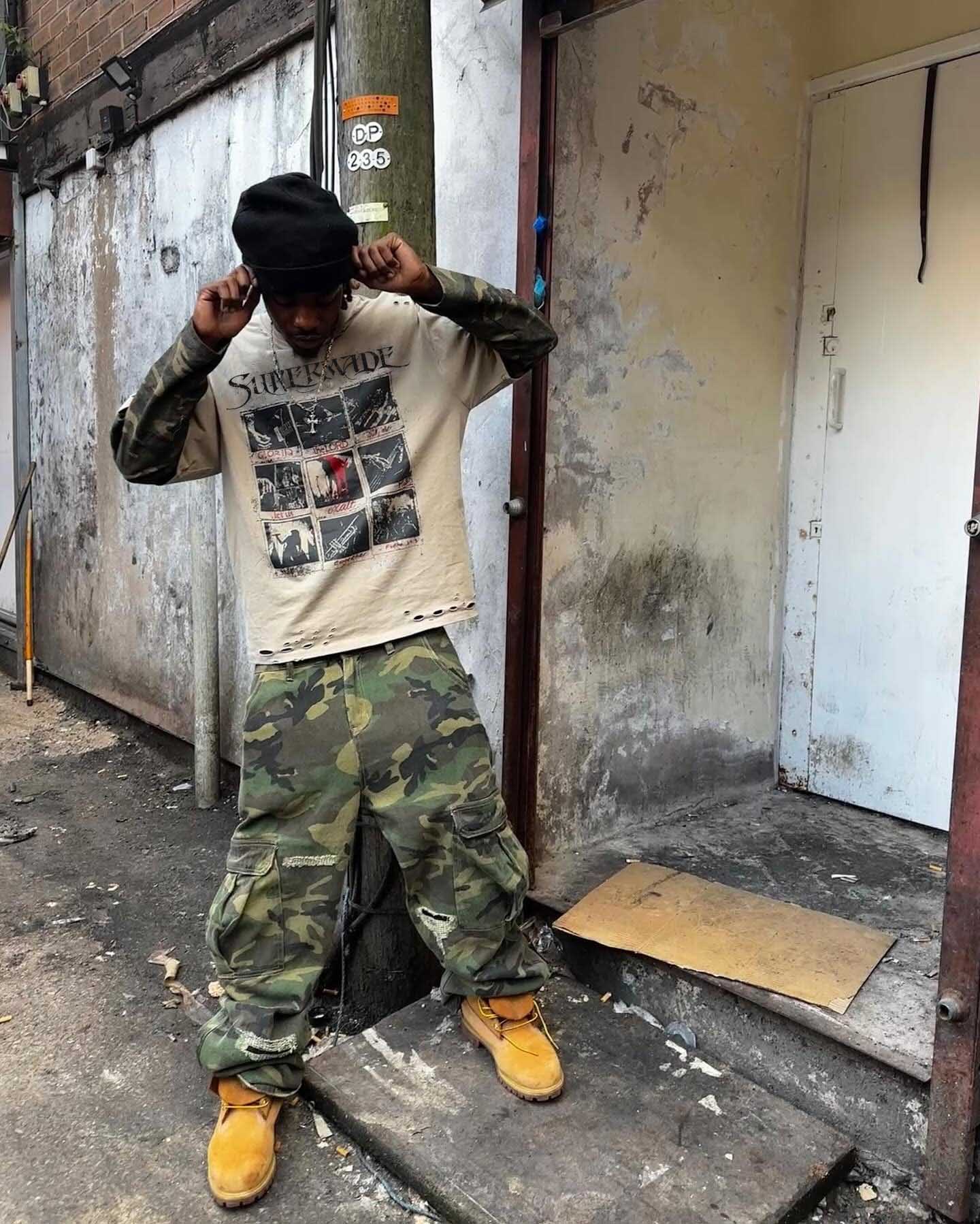 Jersey Distressed Camouflage Double Layered Graphic T-Shirt