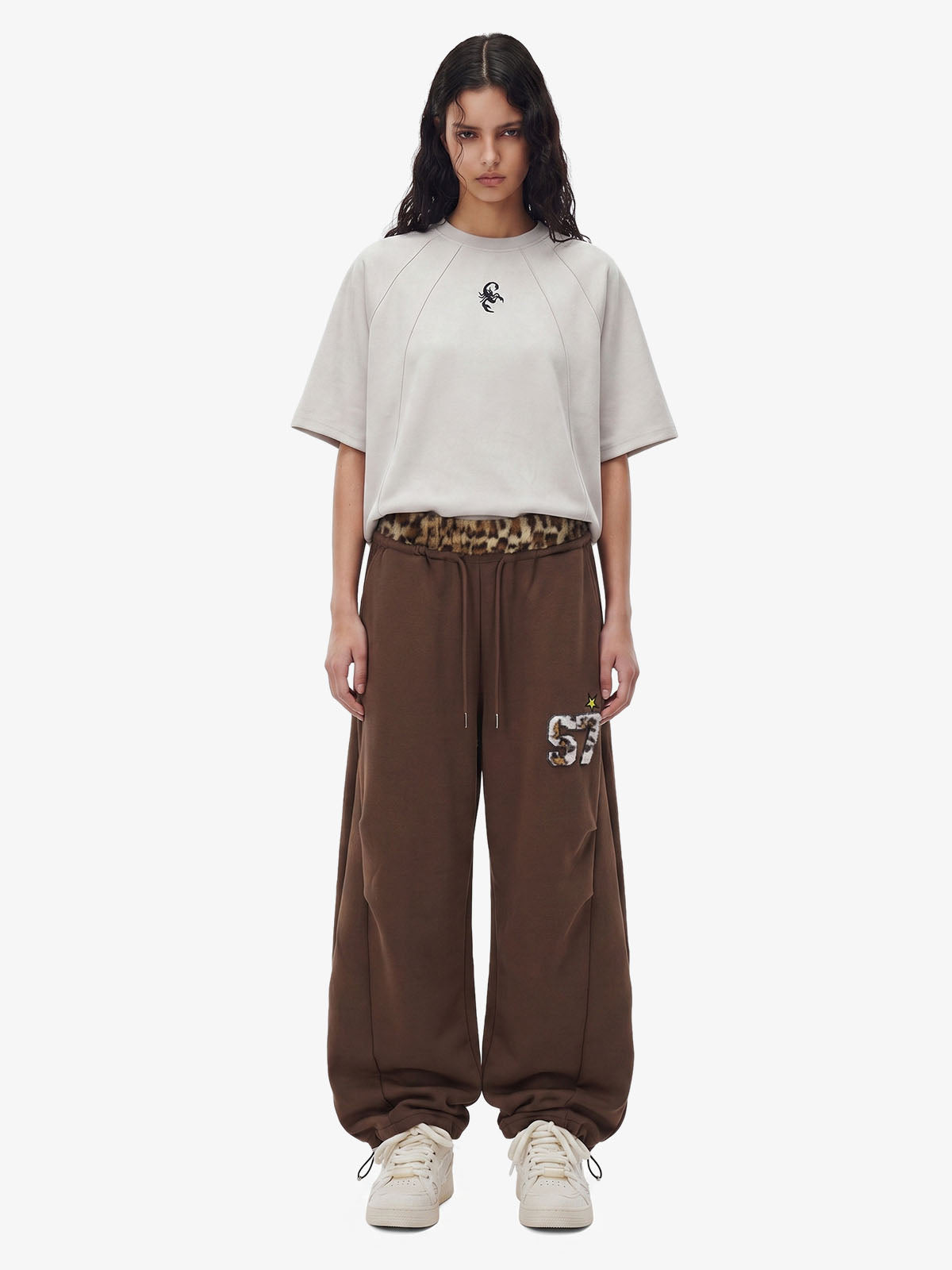 Retro Double-Waist Leopard Patch Barrel Pants