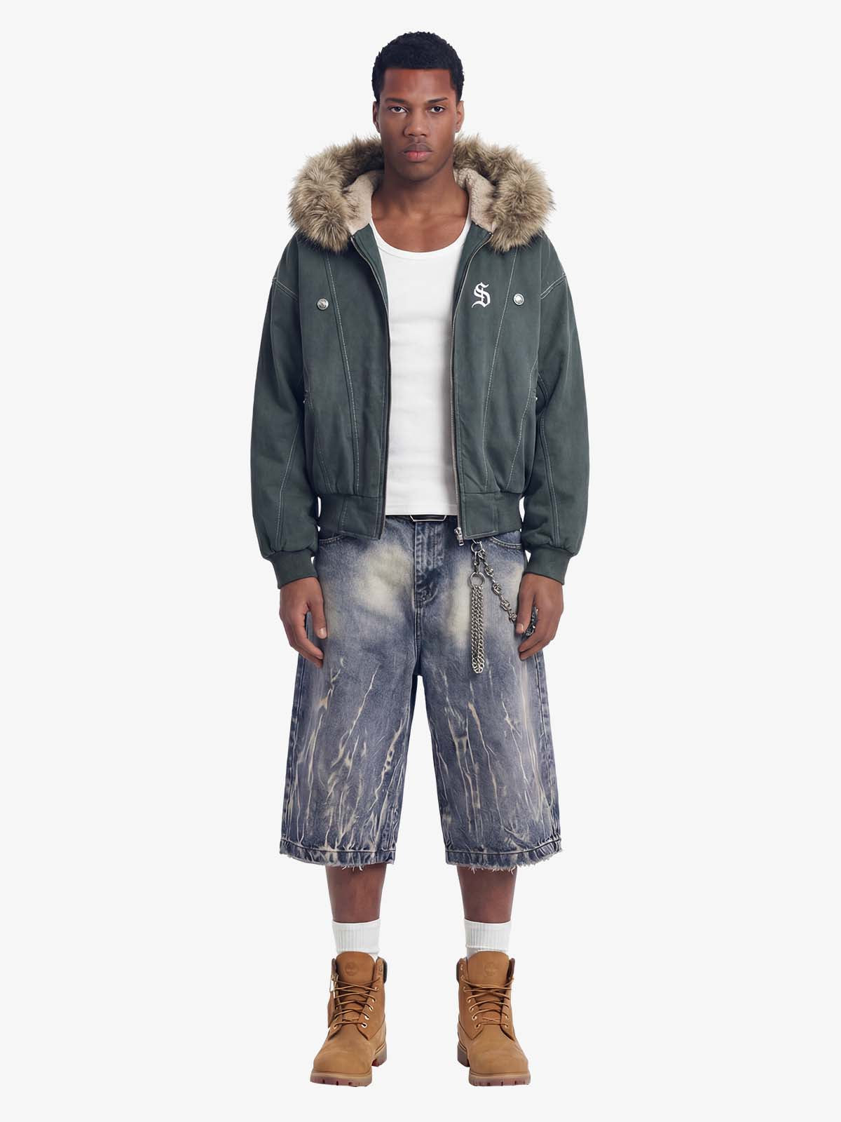 Faux Fur Lined Zip Up Winter Hooded Bomber Jacket