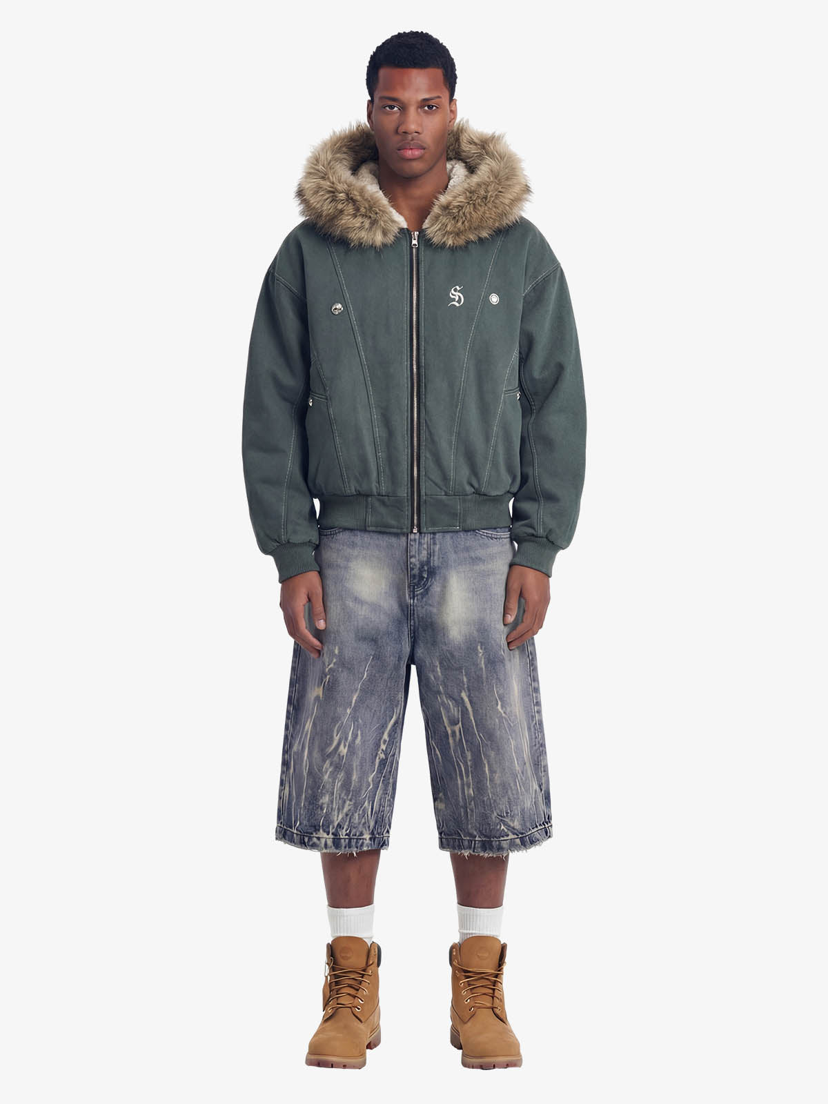 Faux Fur Lined Zip Up Winter Hooded Bomber Jacket
