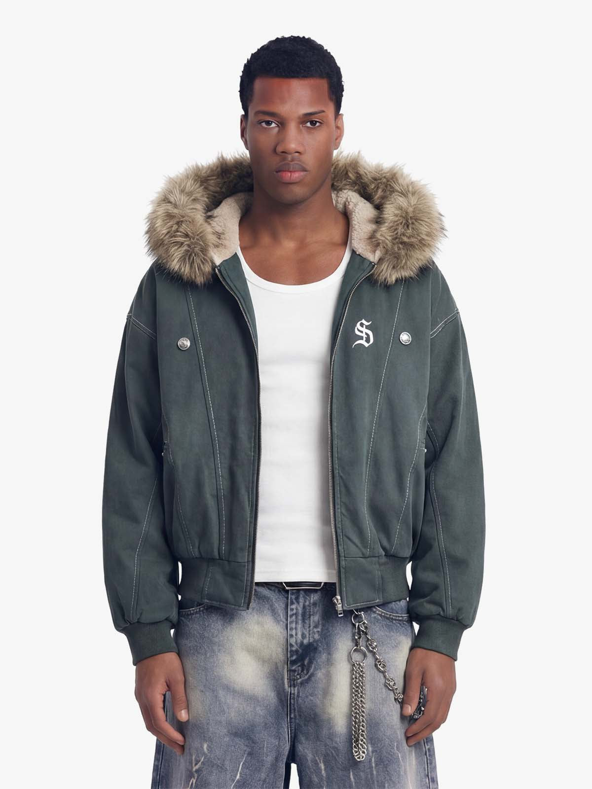 Faux Fur Lined Zip Up Winter Hooded Bomber Jacket