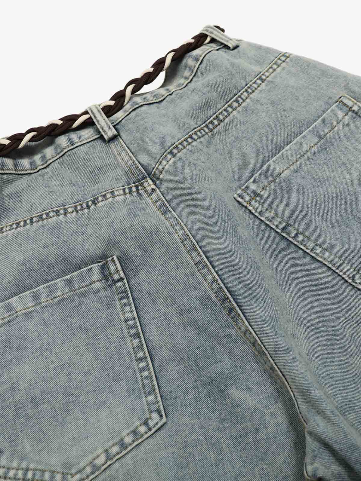 Denim Retro Belt Detail With Patchwork Barrel Jeans