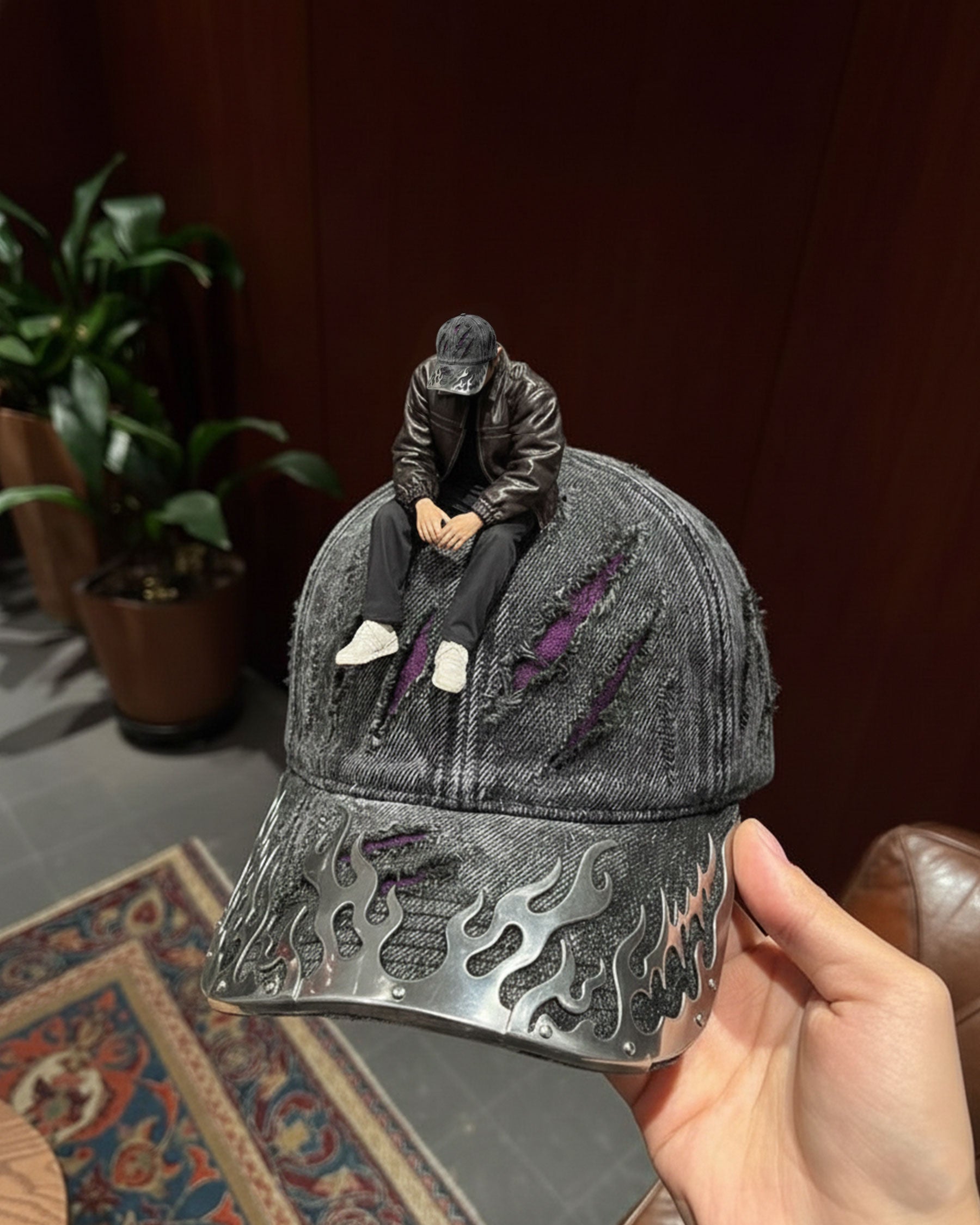 Wasteland Flame-Metal Distressed Denim Cap