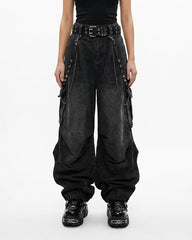Washed Pocket Cargo Pants（Free Belt and Chain Included）