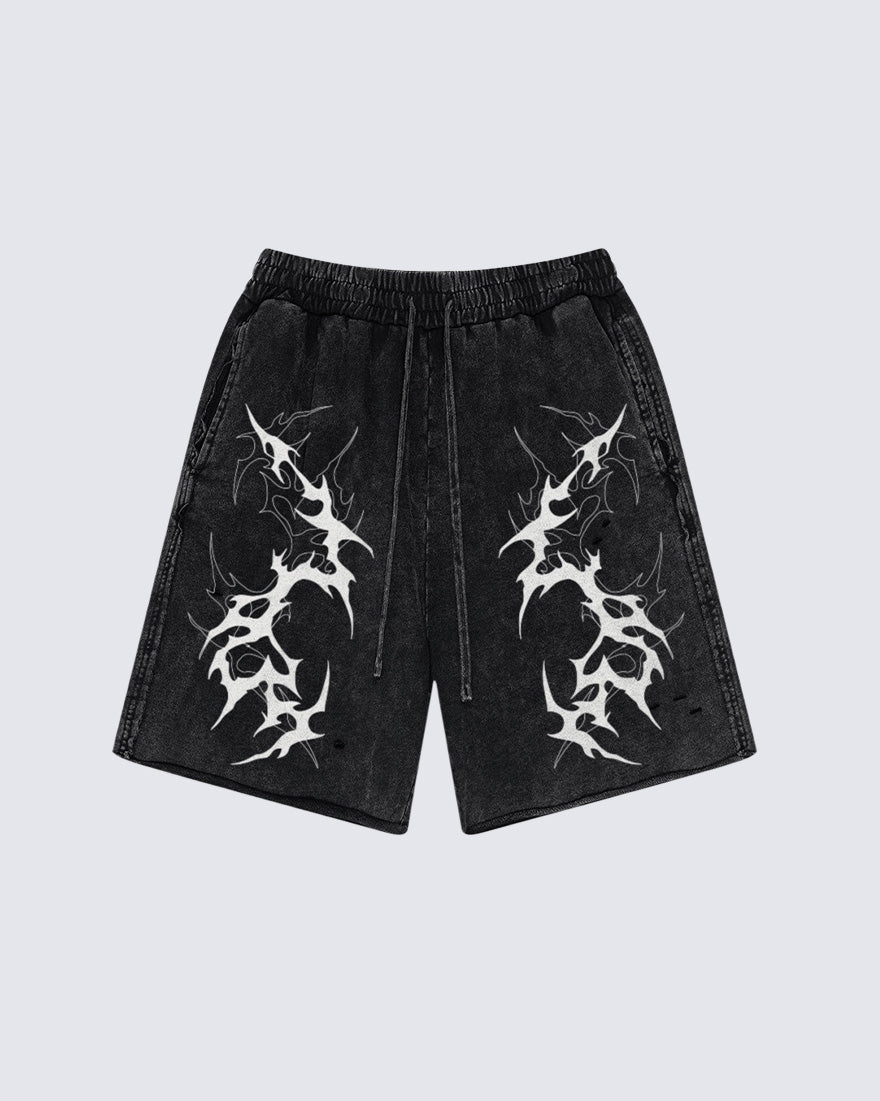 Tribal Graphic Black Denim Shorts
