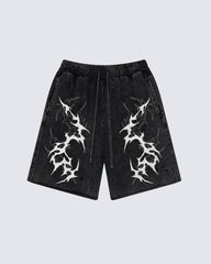 Tribal Graphic Black Denim Shorts