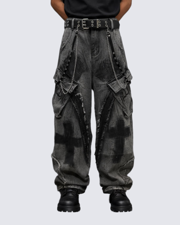 （Clearance）Paint-Splattered Distressed Wide-Leg Jeans