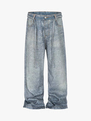 Denim Distressed Belt Diamond Decorated Jeans