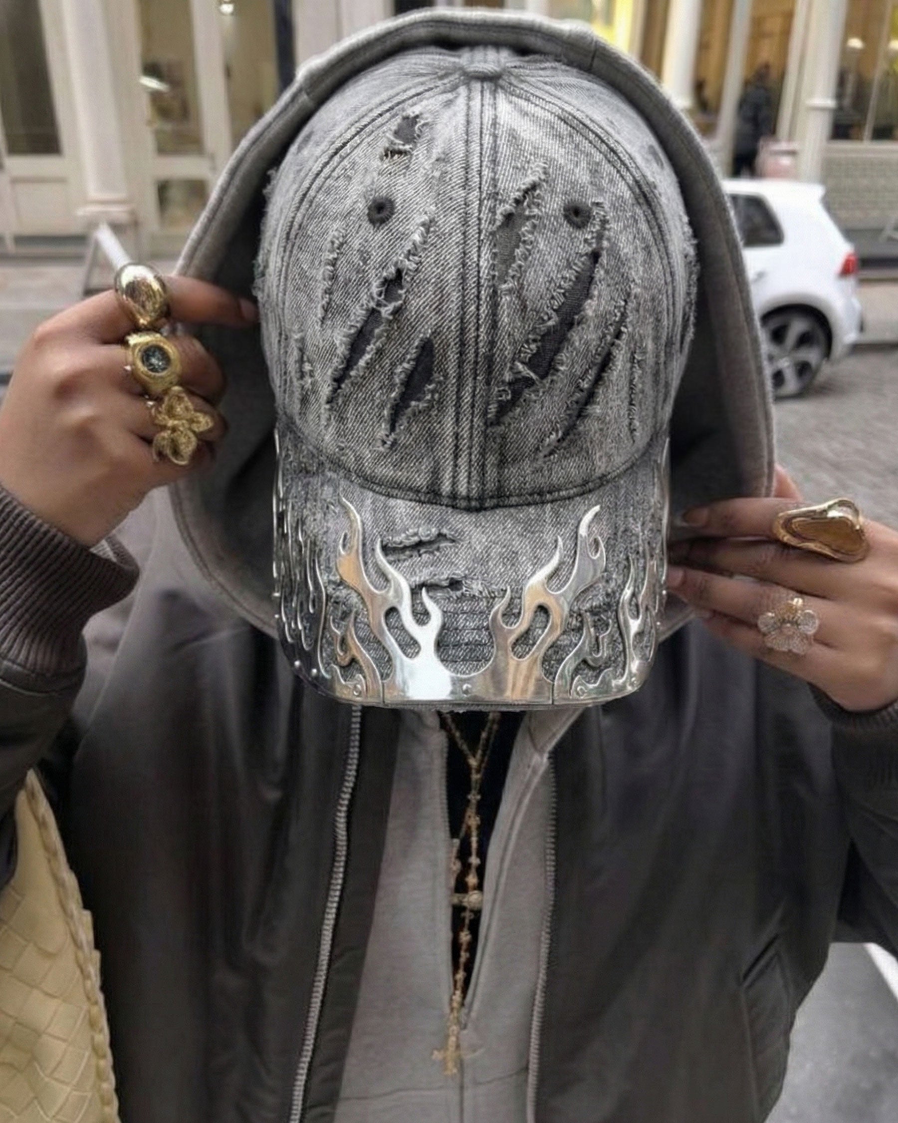 Post-Apocalyptic Flame Metal Denim Cap