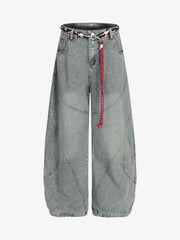 Denim Retro Belt Detail With Patchwork Barrel Jeans