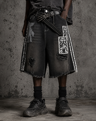 Distressed Gothic Graphic Denim Shorts（ Belt included )