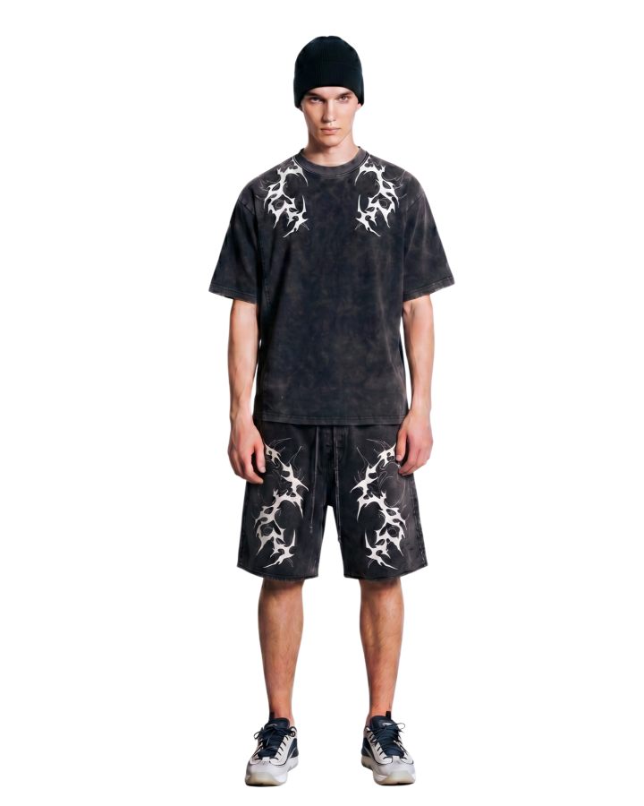 Tribal Graphic Black Denim Shorts