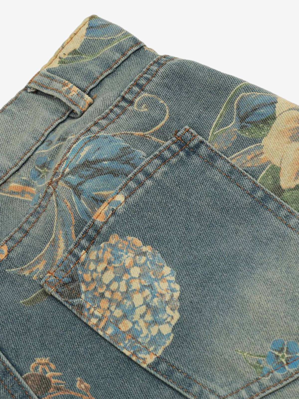 Denim Floral Print Carpenter Jeans